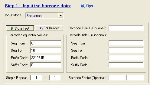 Input parameters for generate sequence number for barcode design software.