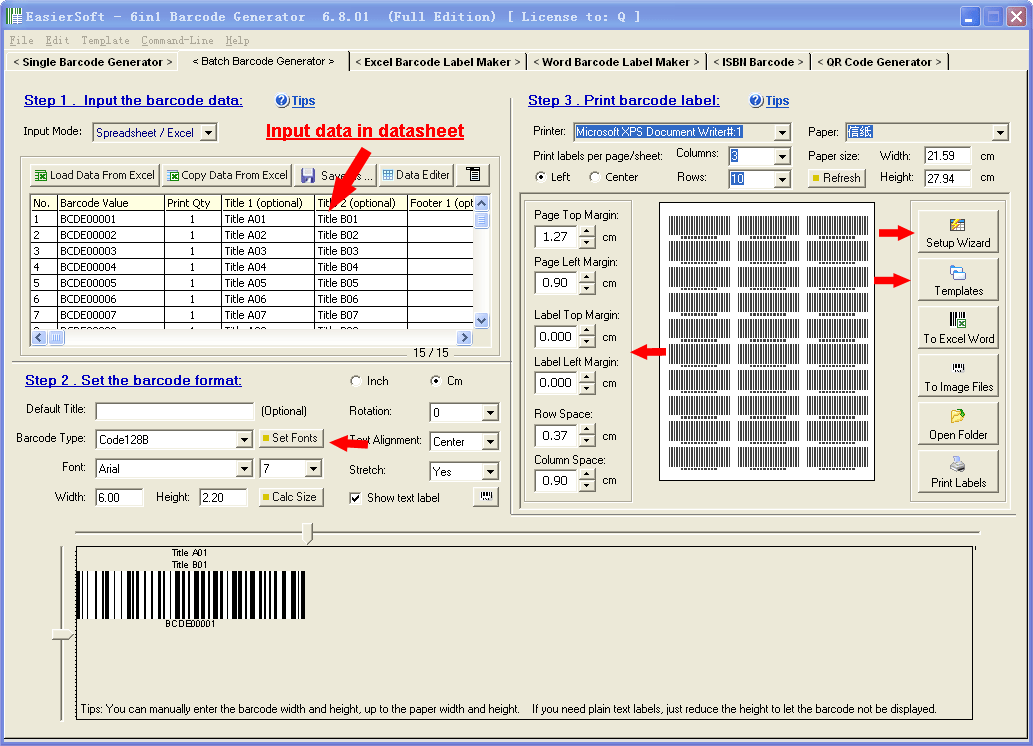 Main window of barcode design software.